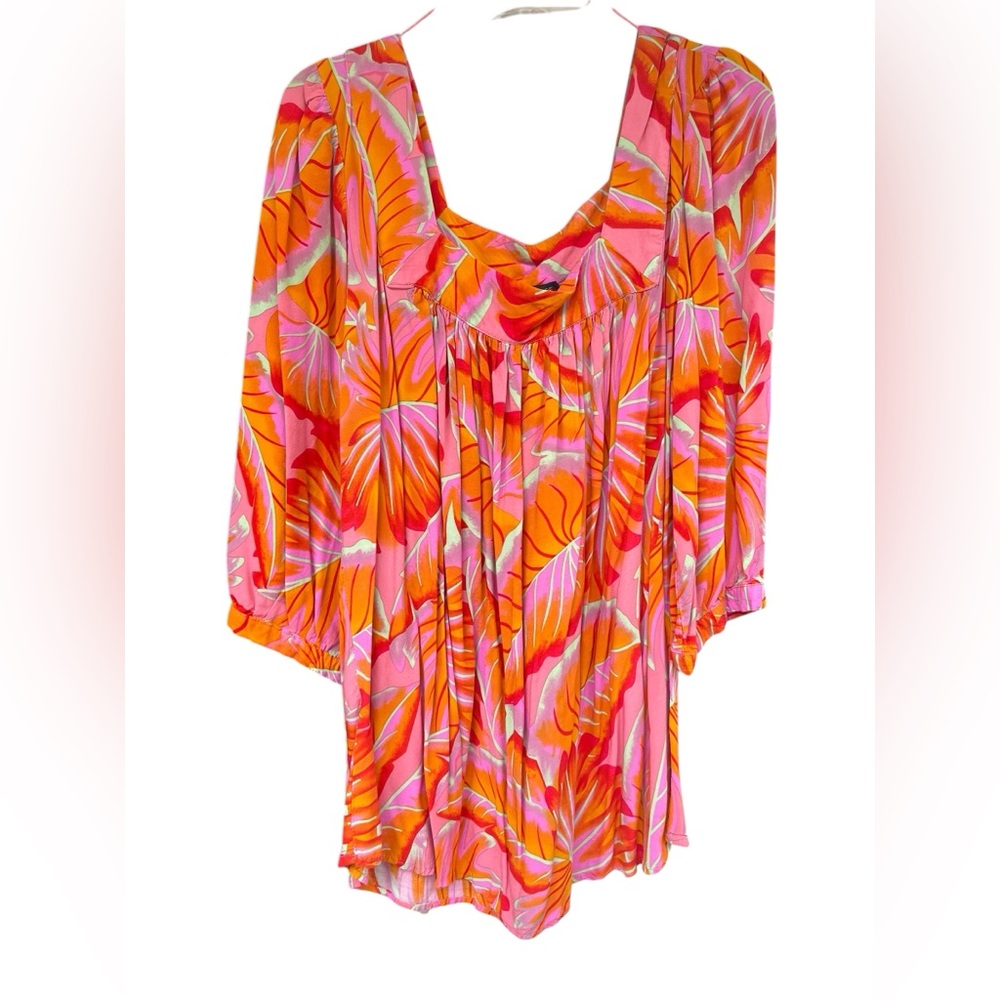 Rachel & Zoe size 2X Vibrant Tropical Print top puff sleeve square neck